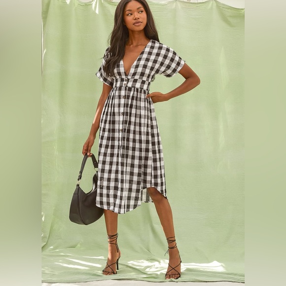 Lulu’s Checks Out Black and White Gingham Button-Front Midi Dress XS NWT - Picture 3 of 5